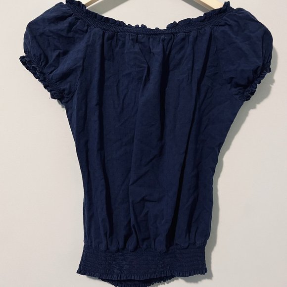 BLUENOTES Navy Blue Frill Trim Short Sleeve Shirred Embroidered Blouse - Picture 6 of 7